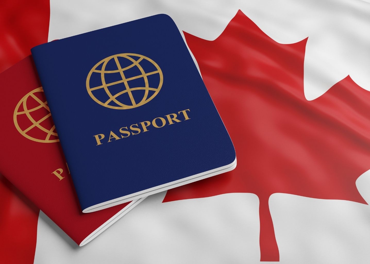 A Canadian passport resting on the flag of Canada